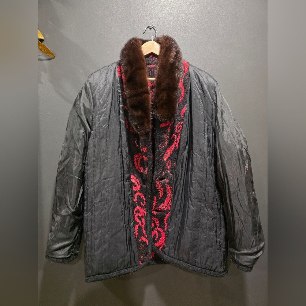 Vtg Red Black Gold Shimmer Coatigan Quilted Lined Cardigan Blazer Fur Collar - Picture 12 of 14